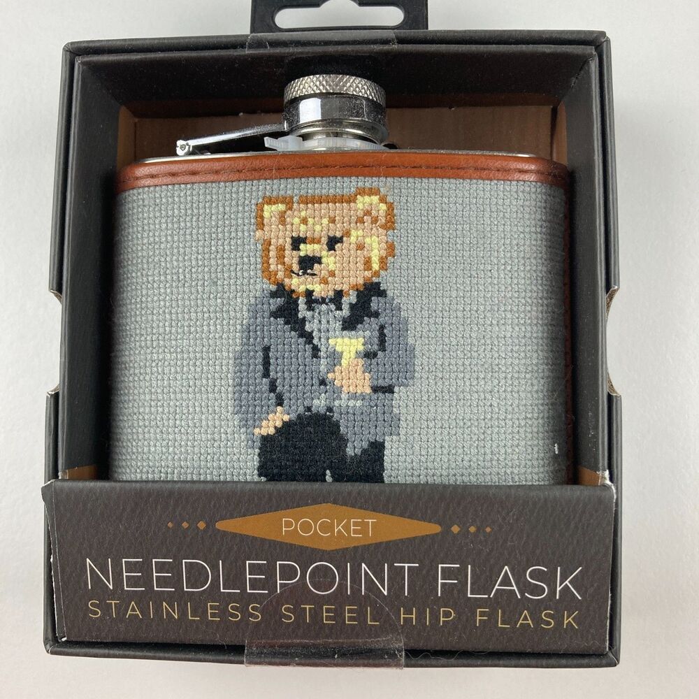 BLKSMITH Needlepoint Stainless Steel Dapper Teddy Hip Flask